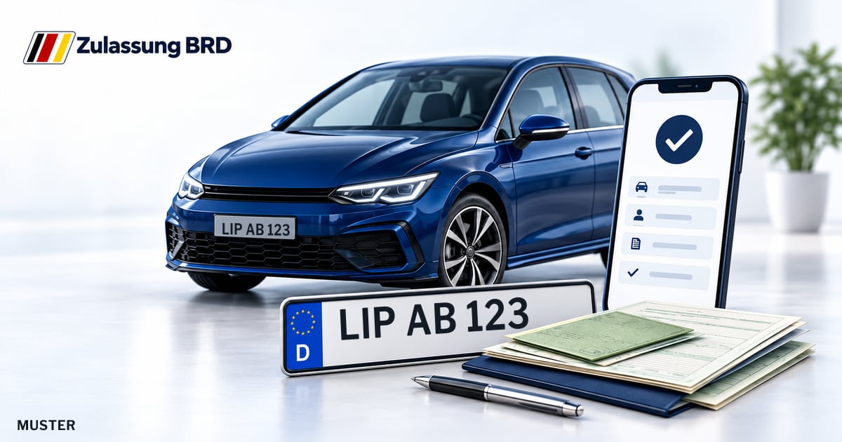 Online Fahrzeugzulassung in Oerlinghausen: Musterkennzeichen LIP AB 123, Auto und Fahrzeugpapiere und Smartphone. Illustration mit Logo von Zulassung BRD.